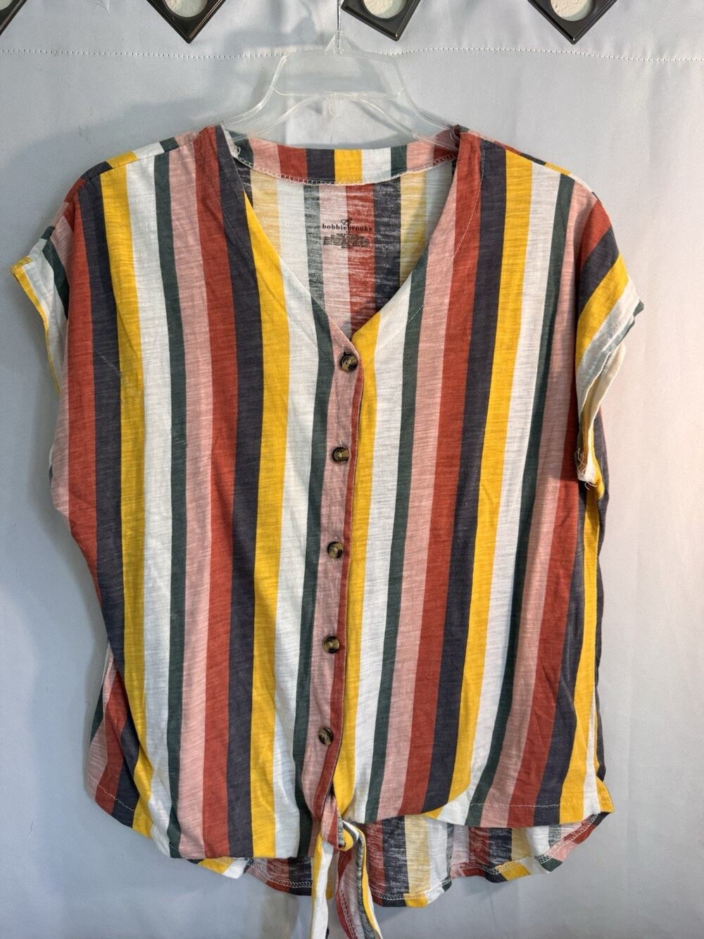 Bobbie Brooks Striped Shirt Womens 1XFront Button Hem Knot Tie Cap Sleeves LY4